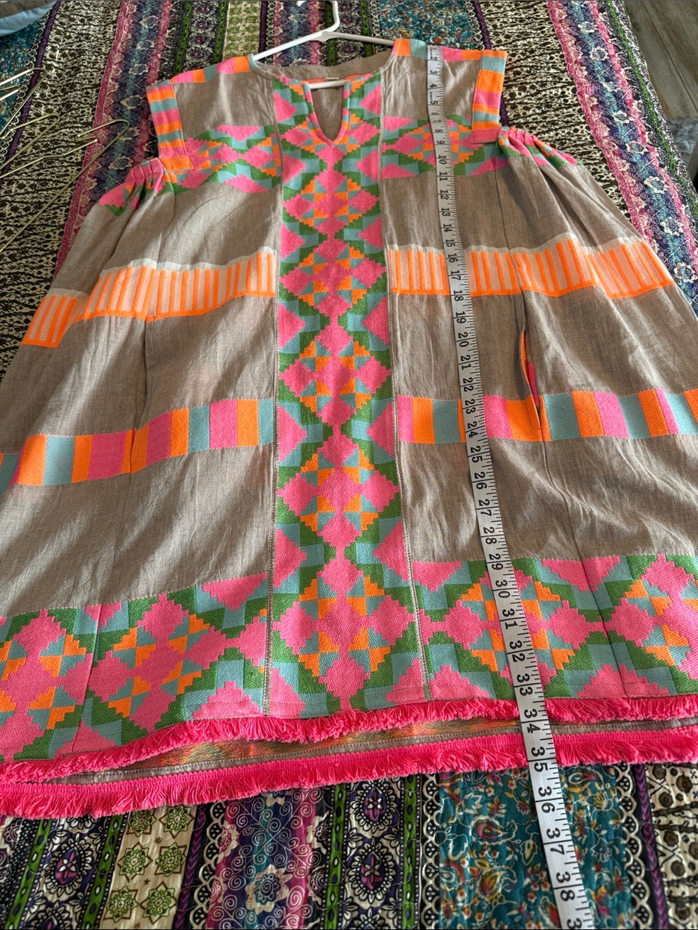 Sleeveless Embroidered Tunic Dress - Gray with Neon Pink & Coral Accents - Picture 6 of 6